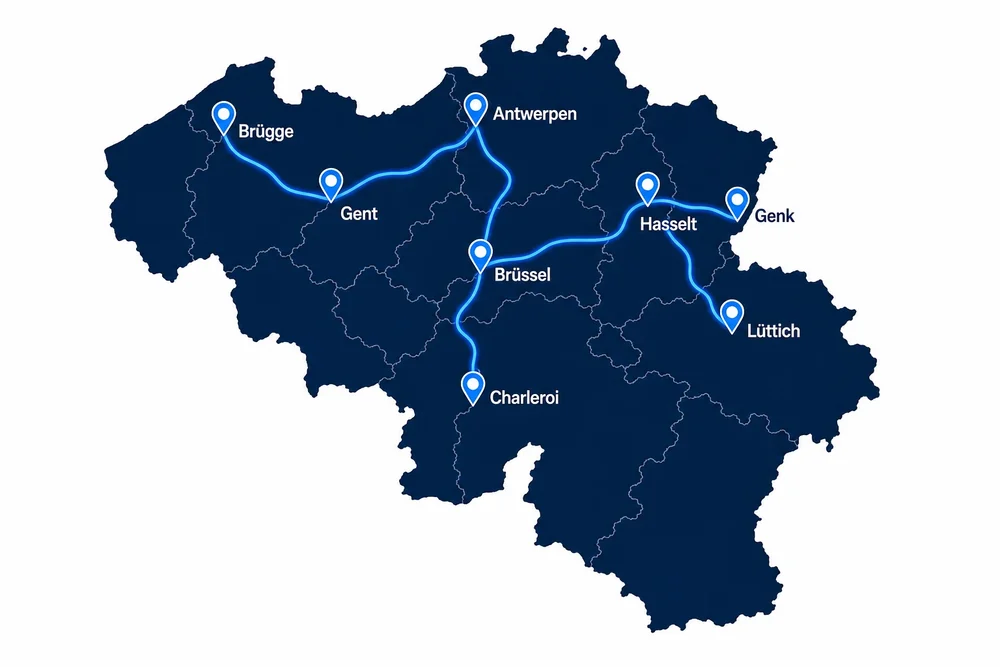 Karte Belgiens mit den bedienten Zielen Brügge, Gent, Antwerpen, Brüssel, Charleroi, Hasselt, Genk und Lüttich