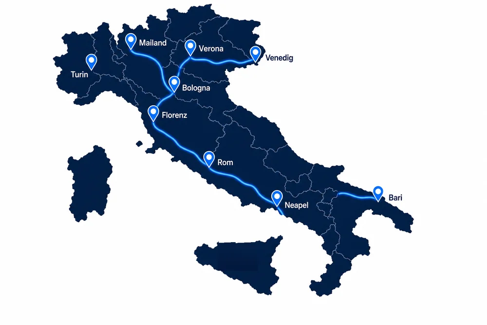 Karte Italien mit den bedienten Zielen Turin, Mailand, Verona, Venedig, Bologna, Florenz, Rom, Neapel und Bari