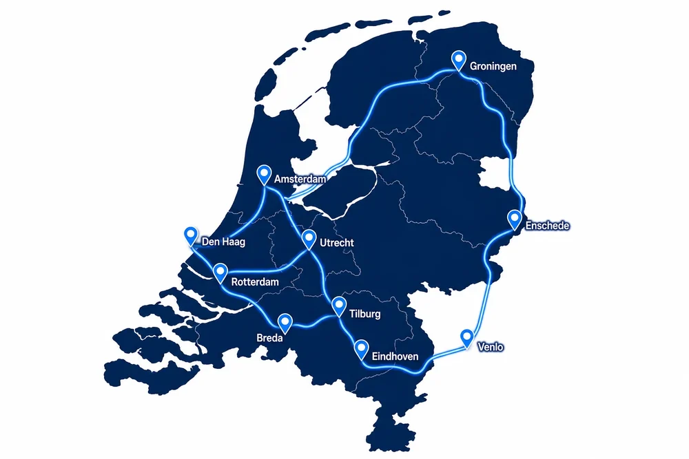 Karte der Niederlande mit den bedienten Zielen Groningen, Amsterdam, Den Haag, Rotterdam, Utrecht, Enschede, Tilburg, Breda, Eindhoven und Venlo