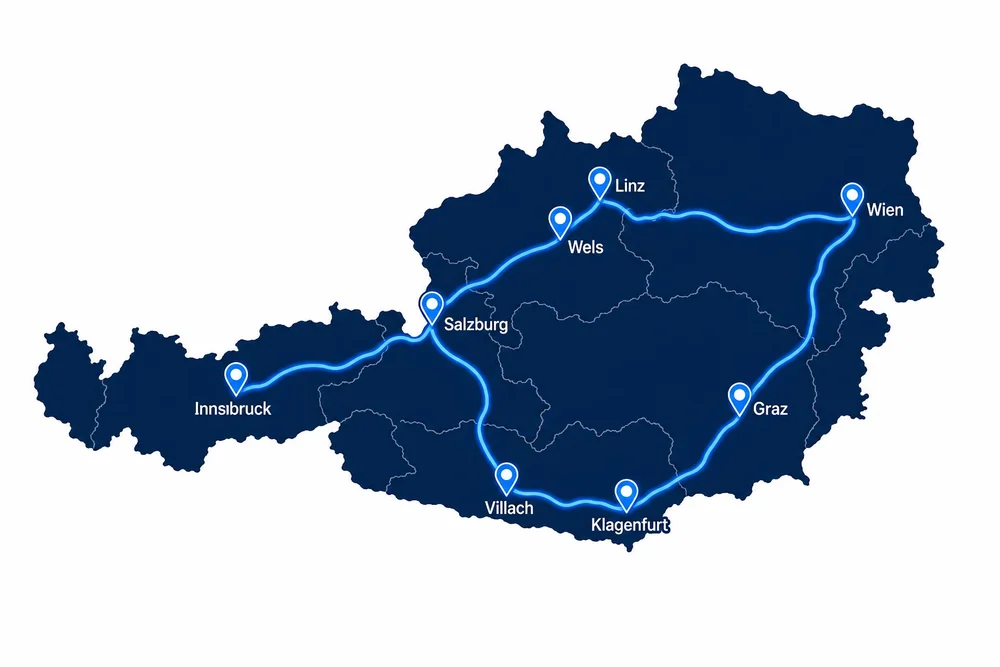 Karte Österreichs mit den bedienten Zielen Innsbruck, Salzburg, Wels, Linz, Wien, Graz, Klagenfurt und Villach