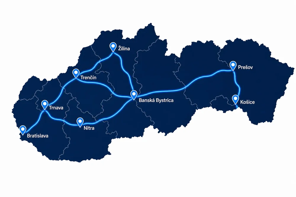 Karte der Slowakei mit den bedienten Zielen Bratislava, Trnava, Nitra, Trenčín, Žilina, Banská Bystrica, Prešov und Košice