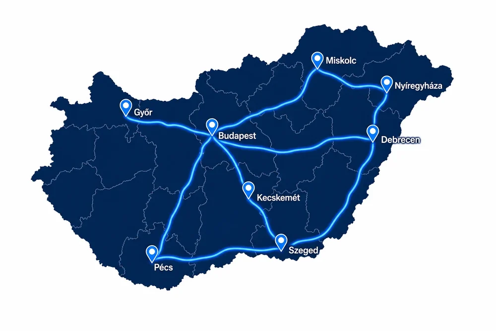 Karte Ungarn mit den bedienten Zielen Győr, Budapest, Kecskemét, Pécs, Szeged, Debrecen, Miskolc und Nyíregyháza