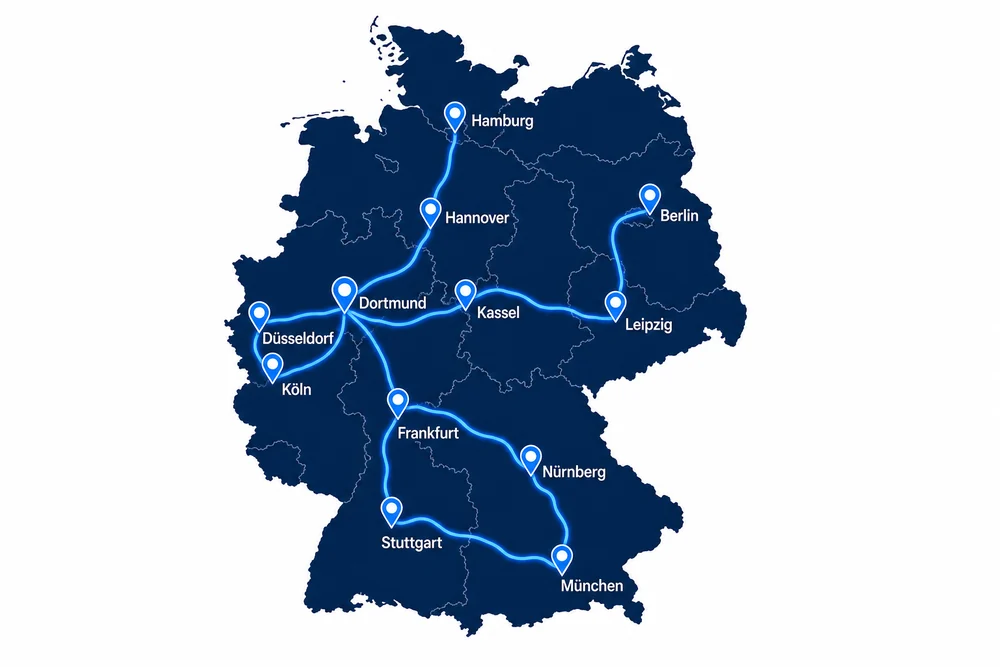 Karte Deutschland mit den Hauptrelationen ab Dortmund nach Düsseldorf, Köln, Hamburg, Hannover, Kassel, Berlin, Leipzig, Frankfurt, Nürnberg, Stuttgart und München